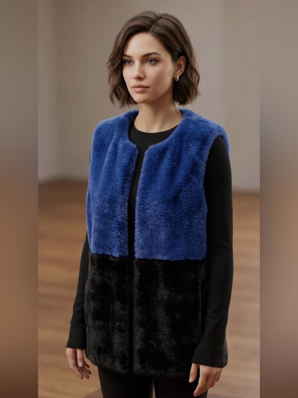 H by Heurueh Blue & Black Colorblock Faux Fur Vest S/M